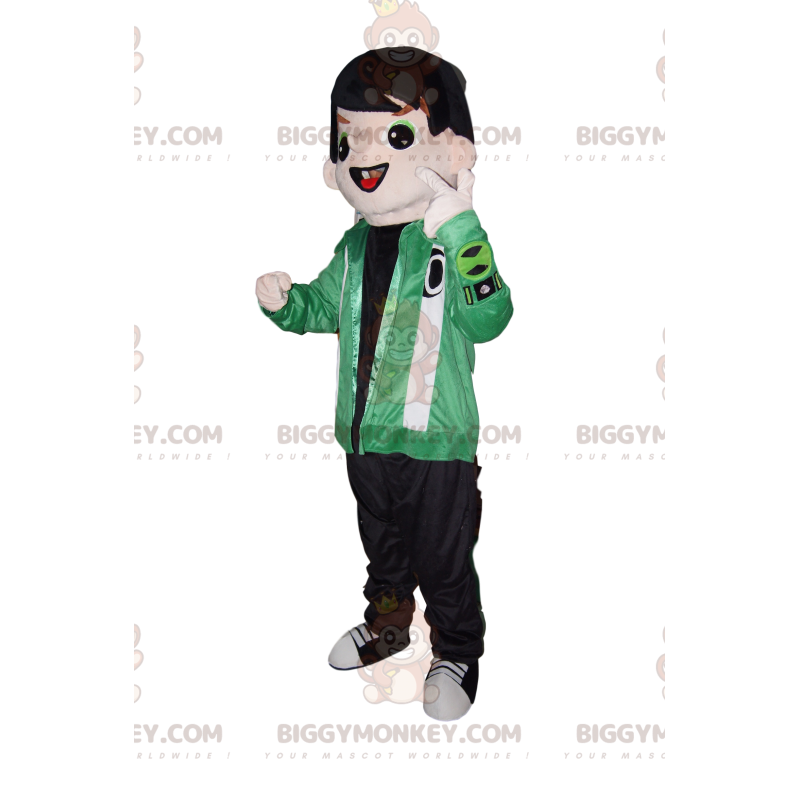 Stylish Young Boy BIGGYMONKEY™ Mascot Costume With Green Jacket