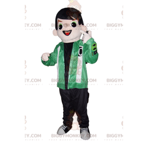 Stylish Young Boy BIGGYMONKEY™ Mascot Costume With Green Jacket