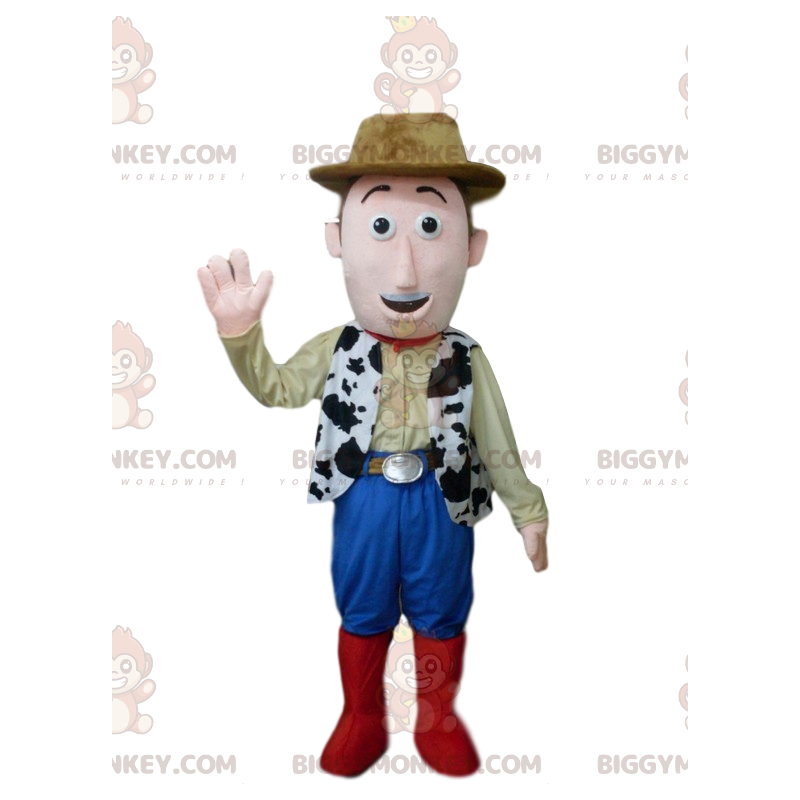 Smiling Cowboy BIGGYMONKEY™ Mascot Costume With Brown Hat -