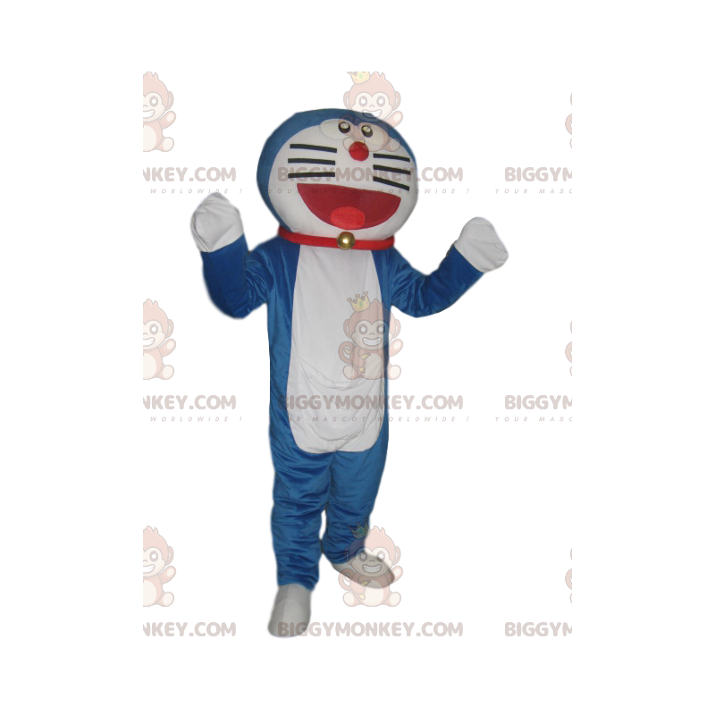 BIGGYMONKEY™ mascottekostuum van een zeer lachende blauw-witte