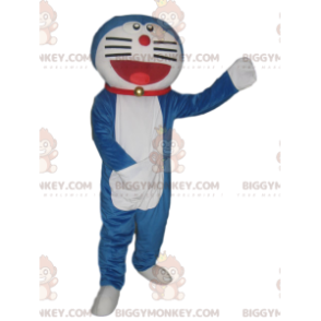 BIGGYMONKEY™ maskot kostume af en meget smilende blå og hvid