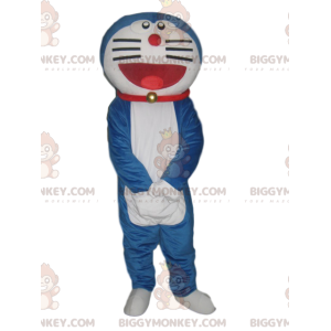BIGGYMONKEY™ mascottekostuum van een zeer lachende blauw-witte