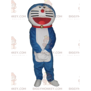 BIGGYMONKEY™ maskotdräkt av en mycket leende blåvit katt med