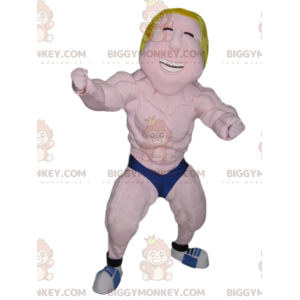 BIGGYMONKEY™ Mascot Costume Blonde Wrestler with Blue Boxers –