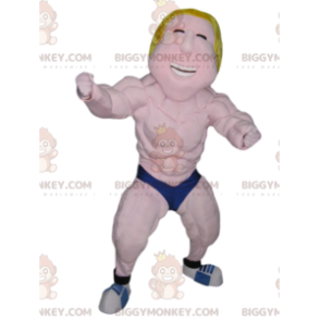 BIGGYMONKEY™ Mascot Costume Blonde Wrestler with Blue Boxers –