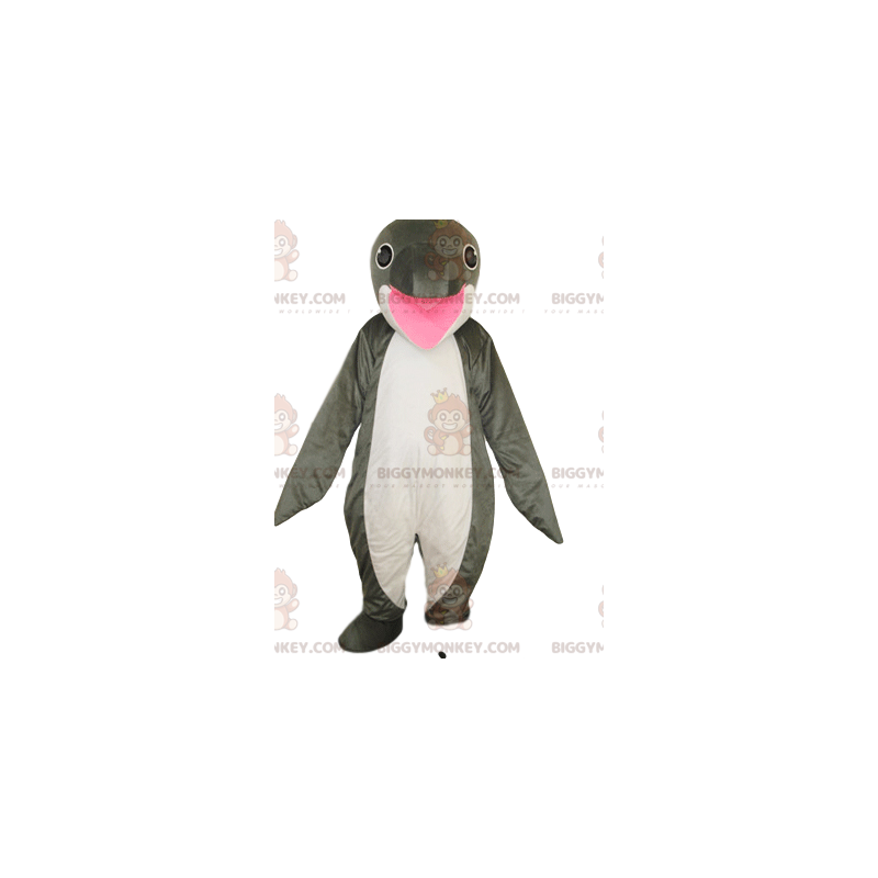 Fantasia de mascote de golfinho branco e cinza super feliz
