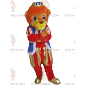 Traje de mascote Lion BIGGYMONKEY™ com roupa e coroa dourada –