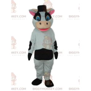 Traje de mascote de vaca BIGGYMONKEY™ preto e branco com chapéu