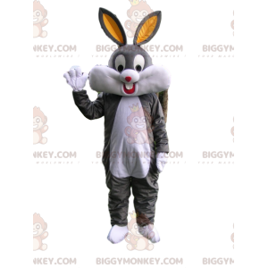 Disfraz de mascota BIGGYMONKEY™ Conejo gris y blanco muy feliz
