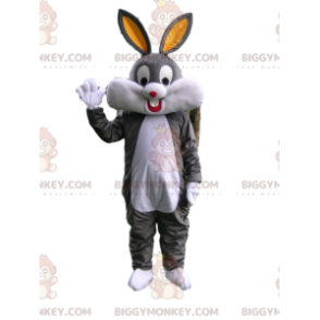 Disfraz de mascota BIGGYMONKEY™ Conejo gris y blanco muy feliz