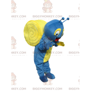 Costume da mascotte BIGGYMONKEY™ lumaca blu e gialla molto