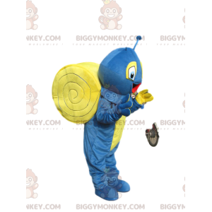 Costume da mascotte BIGGYMONKEY™ lumaca blu e gialla molto