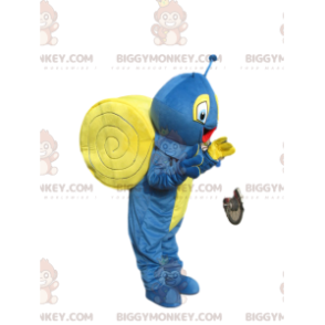 Meget glad blå og gul snegle BIGGYMONKEY™ maskot kostume -