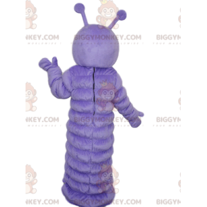 Paarse rups BIGGYMONKEY™ mascottekostuum met een verbaasde blik