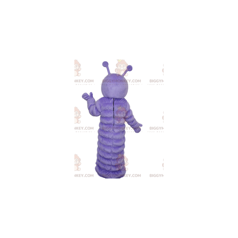 Traje de mascote BIGGYMONKEY™ de lagarta roxa com um visual