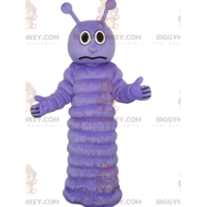 Traje de mascote BIGGYMONKEY™ de lagarta roxa com um visual