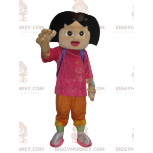 Dora's BIGGYMONKEY™-mascottekostuum met haar grappige paarse