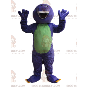 Costume de mascotte BIGGYMONKEY™ de dinosaure violet et vert.