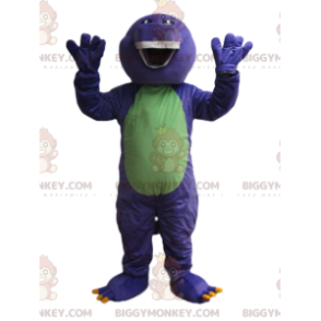 Disfraz de mascota BIGGYMONKEY™ de dinosaurio morado y verde.