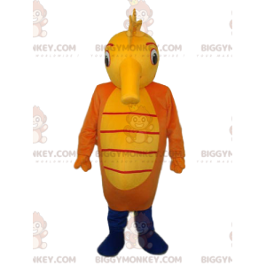 Fantasia de mascote de cavalo marinho amarelo e laranja