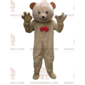 BIGGYMONKEY™ mascot costume beige bear cub with red bow tie -