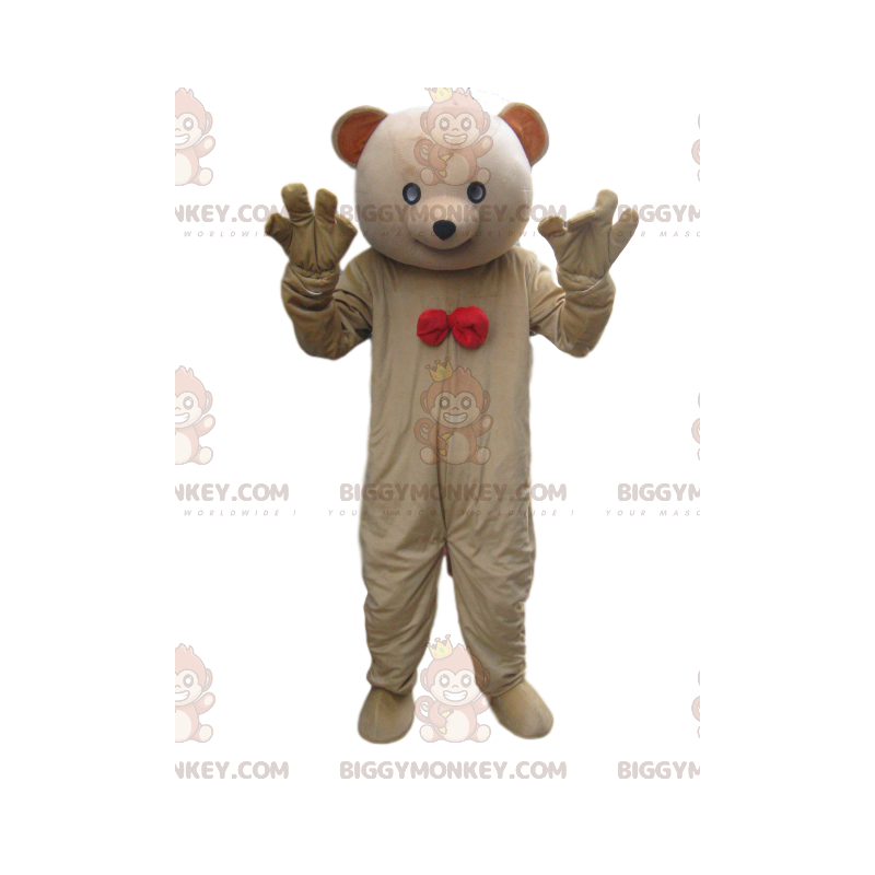 BIGGYMONKEY™ maskotdräkt beige björnunge med röd fluga -