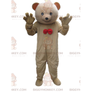 BIGGYMONKEY™ mascot costume beige bear cub with red bow tie –