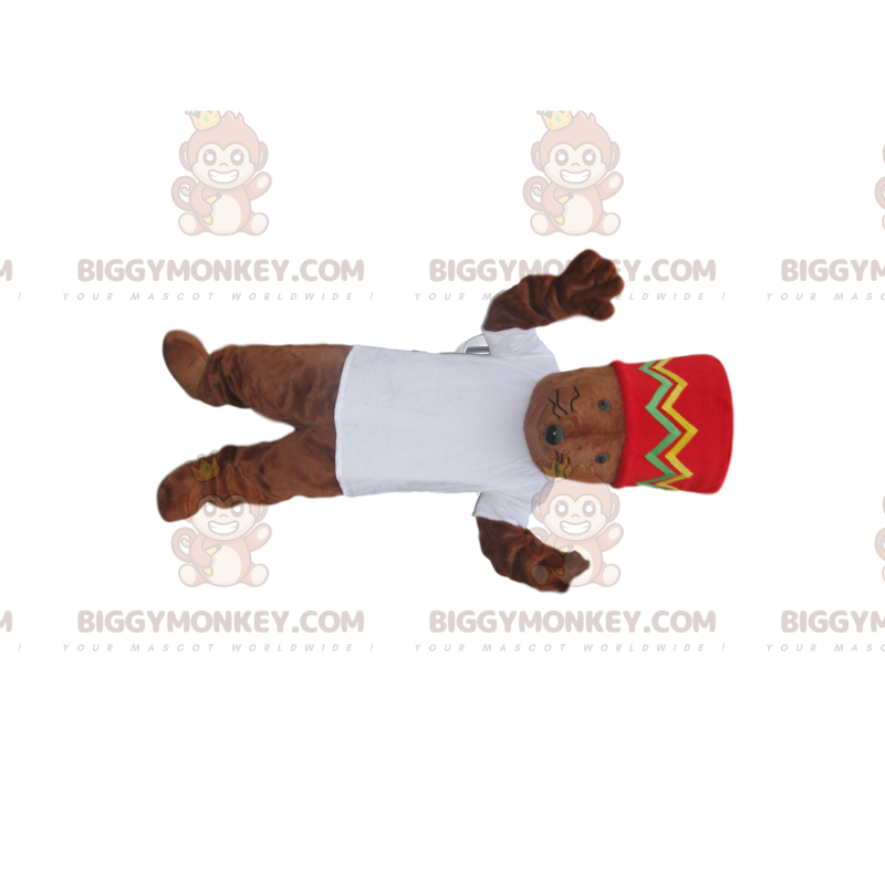 Braune Maus BIGGYMONKEY™ Maskottchenkostüm mit roter Haube und