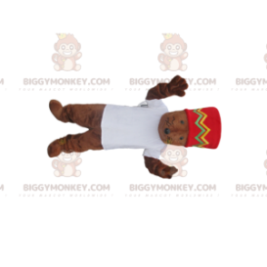 Traje de mascote BIGGYMONKEY™ de rato marrom com toque vermelho