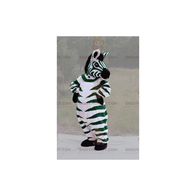 Traje de mascote de zebra gigante verde preto e branco
