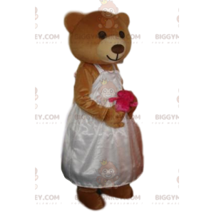 BIGGYMONKEY™ Braunbär-Bär-Maskottchen-Kostüm mit Hochzeitskleid