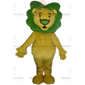 Keltaisen leijonan BIGGYMONKEY™ maskottiasu vihreällä harjalla