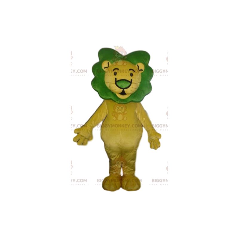 Traje de mascote BIGGYMONKEY™ de leão amarelo com juba verde –