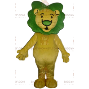 BIGGYMONKEY™ Mascottekostuum van gele leeuw met groene manen -