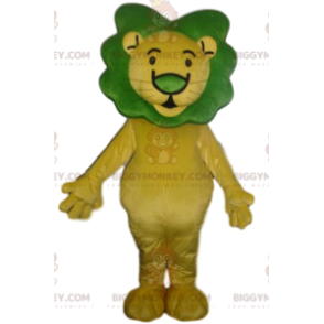 Traje de mascote BIGGYMONKEY™ de leão amarelo com juba verde –