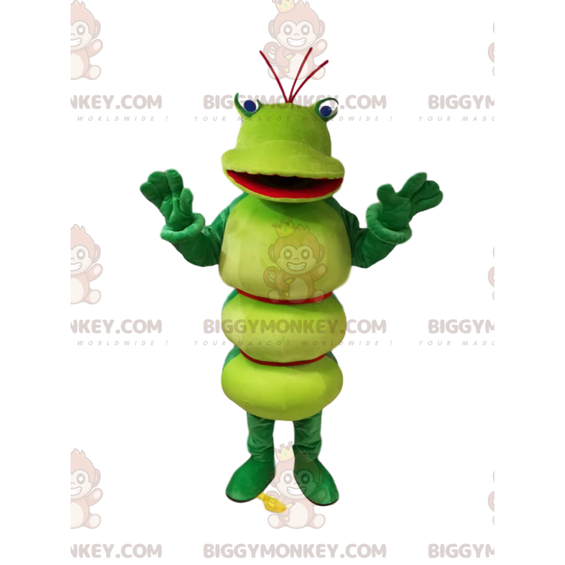 Grön Caterpillar BIGGYMONKEY™ maskotdräkt med underbart leende