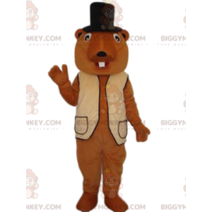 Beaver BIGGYMONKEY™ Mascot Costume with Beige Vest and Black