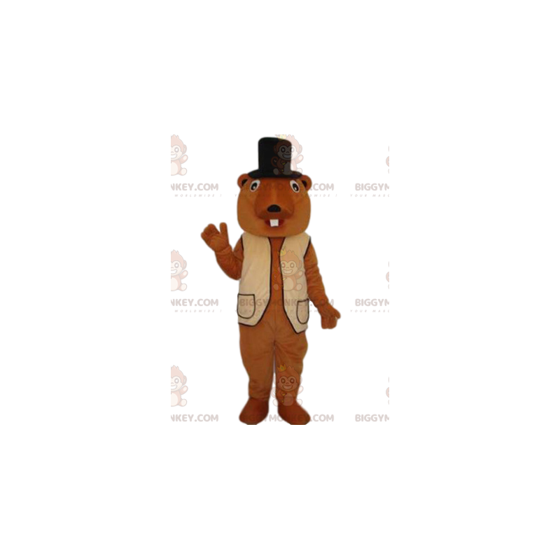 Costume de mascotte BIGGYMONKEY™ de castor avec un gilet beige