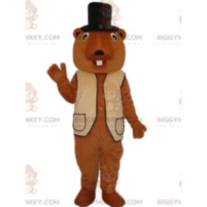 Traje de mascote Beaver BIGGYMONKEY™ com colete bege e chapéu