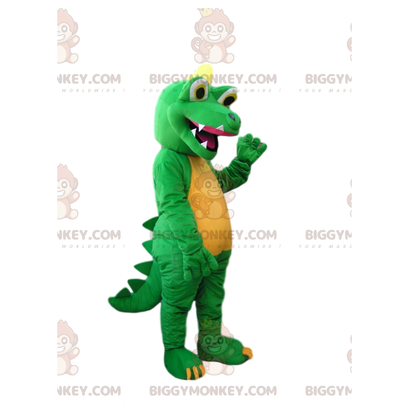 BIGGYMONKEY™ maskotkostume Grøn og gul dinosaur med stort smil