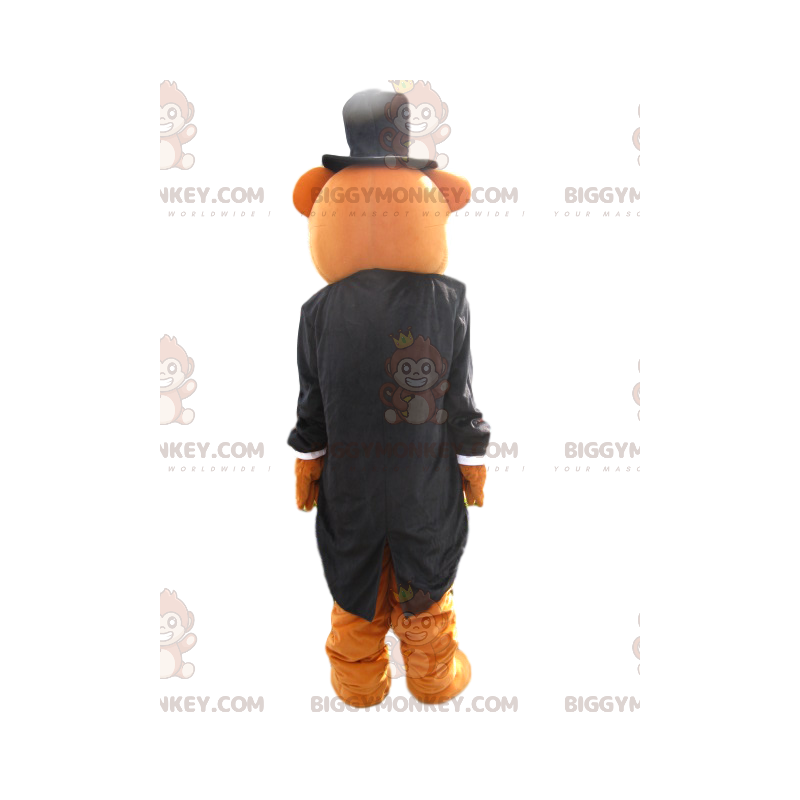 Brown Bear BIGGYMONKEY™ maskottiasu mustalla frakkitakilla -