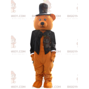 Brun björn BIGGYMONKEY™ maskotdräkt med svart frackjacka -