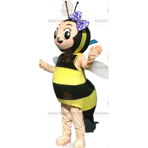 Bee BIGGYMONKEY™ mascottekostuum met paarse polkadot vlinderdas