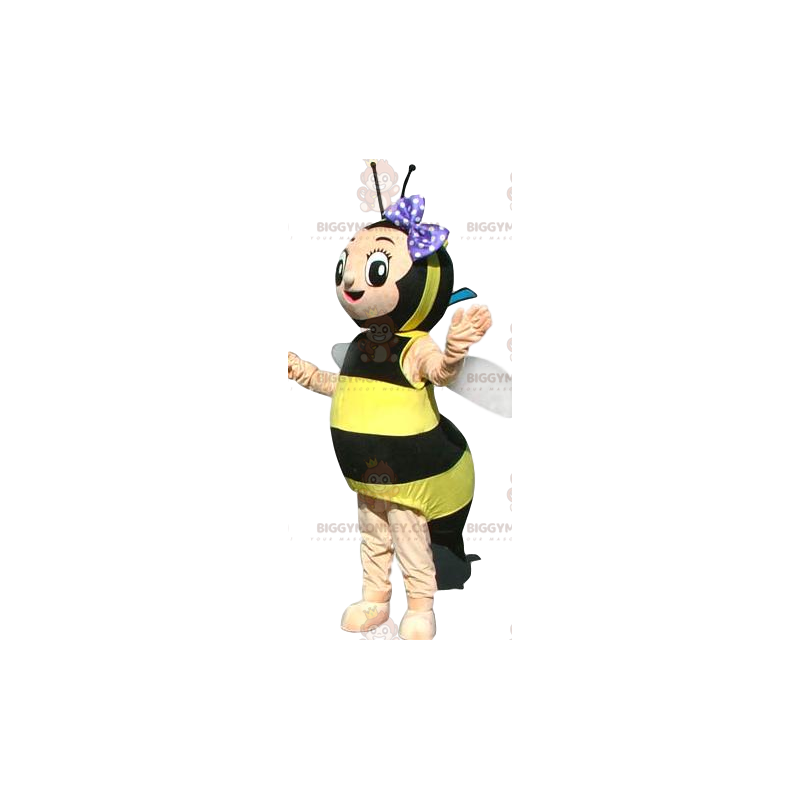 Bee BIGGYMONKEY™ Mascot Costume with Purple Polka Dot Bow Tie -