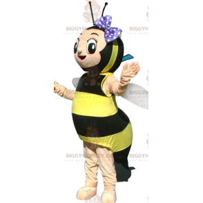 Bee BIGGYMONKEY™ mascottekostuum met paarse polkadot vlinderdas