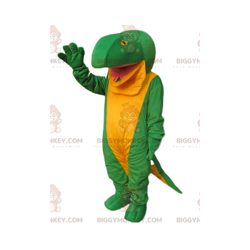 Costume de mascotte BIGGYMONKEY™ de gros lézard vert et jaune.