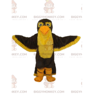 Traje de mascote BIGGYMONKEY™ de águia marrom e amarela.