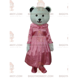 BIGGYMONKEY™ Vitbjörnmaskotdräkt med rosa satinklänning -