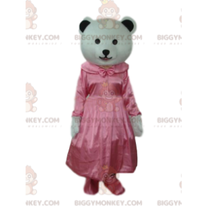 BIGGYMONKEY™ Vitbjörnmaskotdräkt med rosa satinklänning -