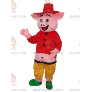 BIGGYMONKEY™ Pink Pig Mascot Costume with Shirt and Straw Hat –